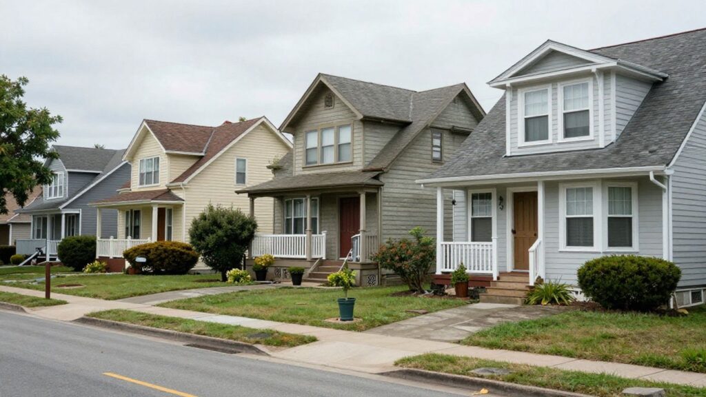 Maisons dans une rue résidentielle avec des signes d'usure.