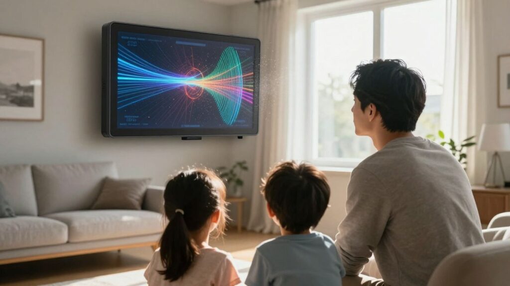 Famille française devant un compteur d'énergie futuriste.
