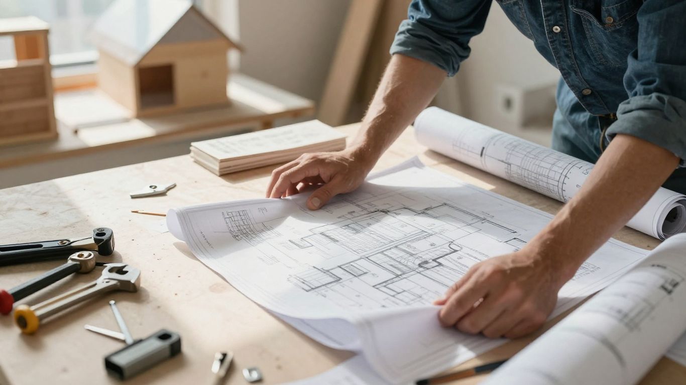Propriétaires examinant des plans de construction et des factures.