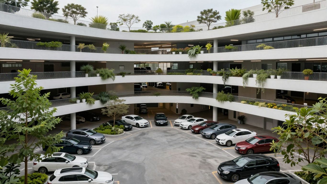 Renouveau des parkings urbains avec verdure et architecture moderne.