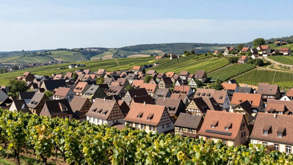 Paysage pittoresque de l'Alsace avec vignobles et maisons traditionnelles.