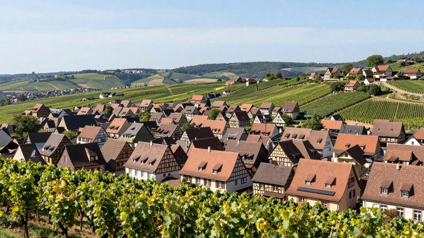 Paysage pittoresque de l'Alsace avec vignobles et maisons traditionnelles.