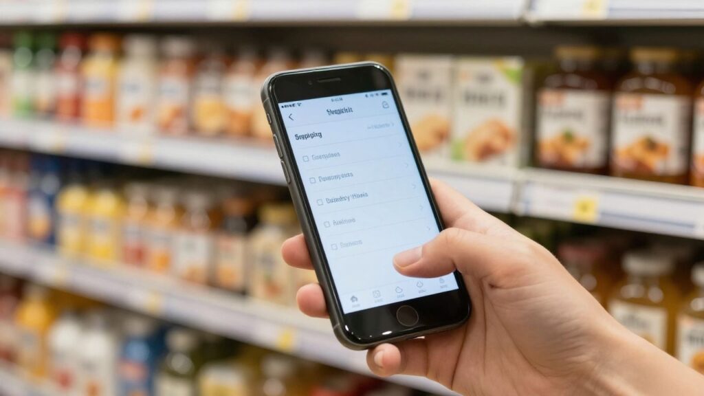 Main de personne comparant des prix de nourriture sur un smartphone.