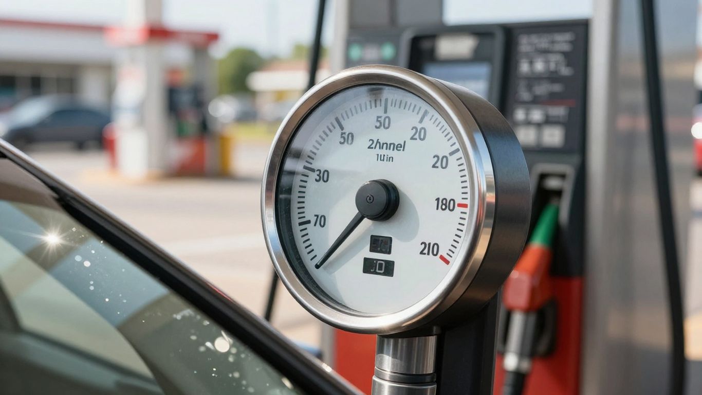 Pompe à essence avec prix élevé et jauge de carburant basse.