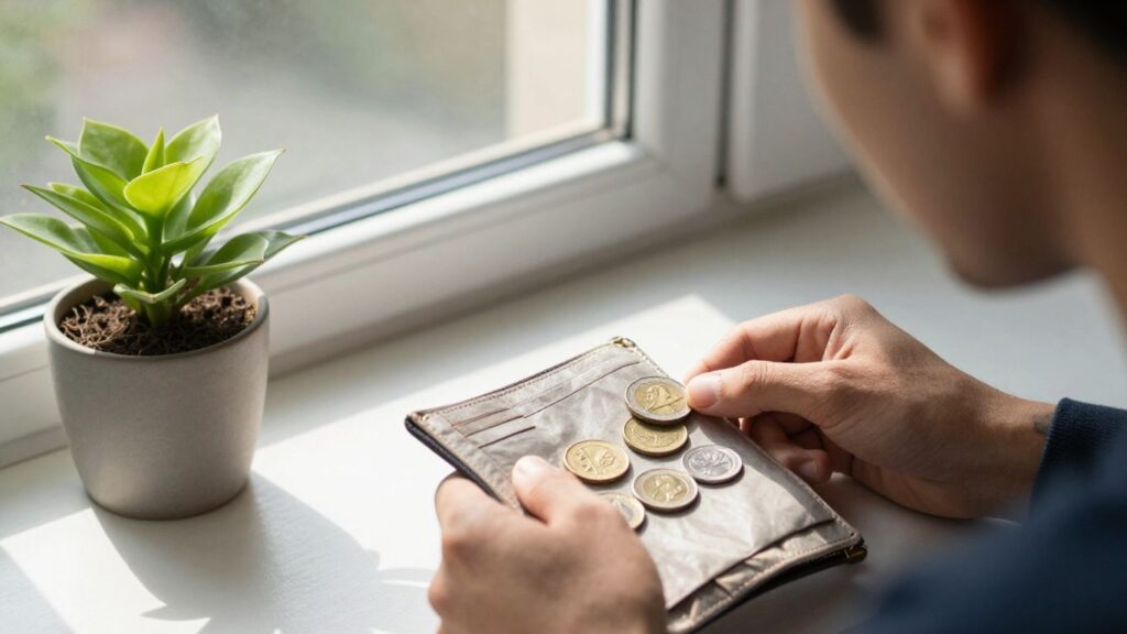 Personne regardant un portefeuille avec quelques pièces.