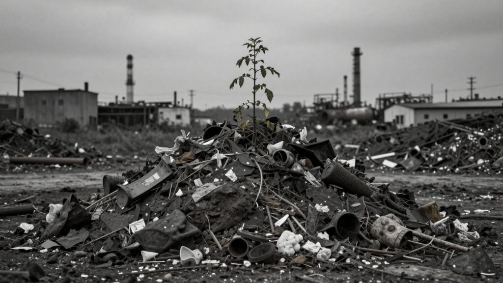 Déchets industriels et plante mourante, symbole de la pollution.