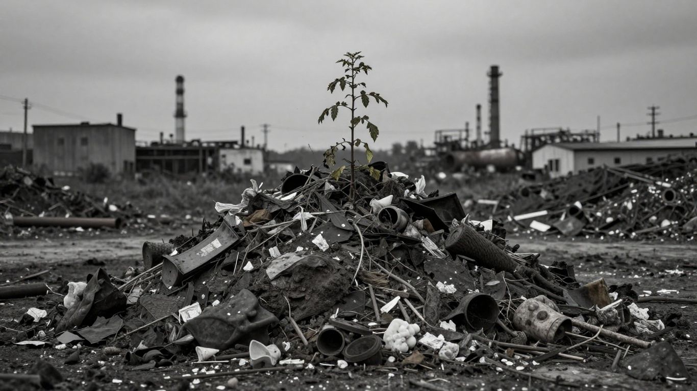 Déchets industriels et plante mourante, symbole de la pollution.