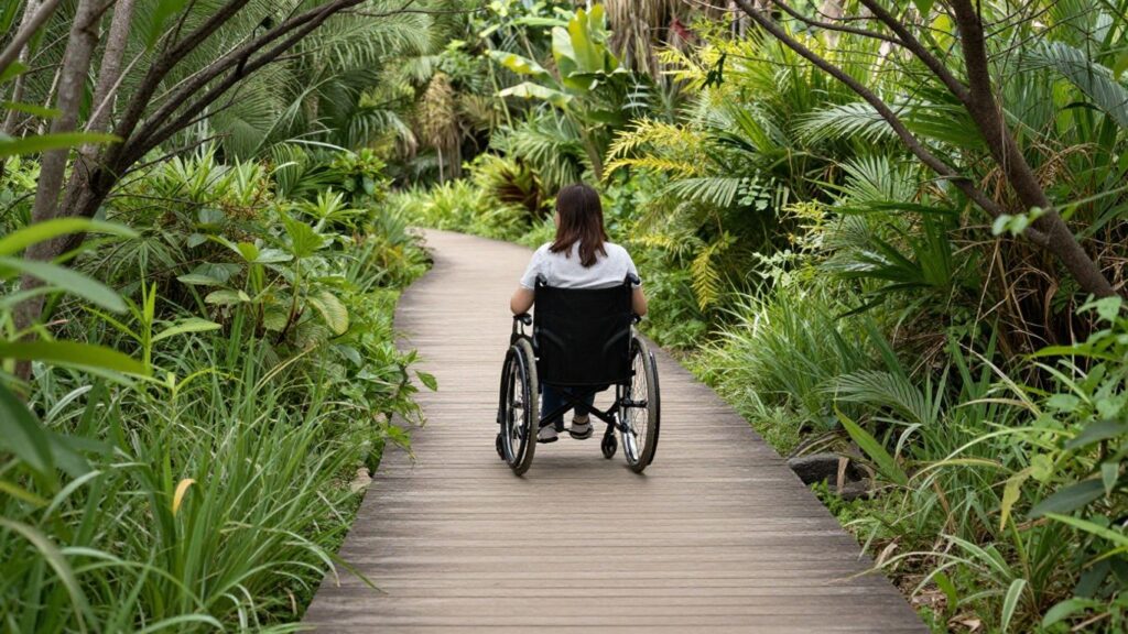 Personne en fauteuil roulant sur un sentier naturel accessible.