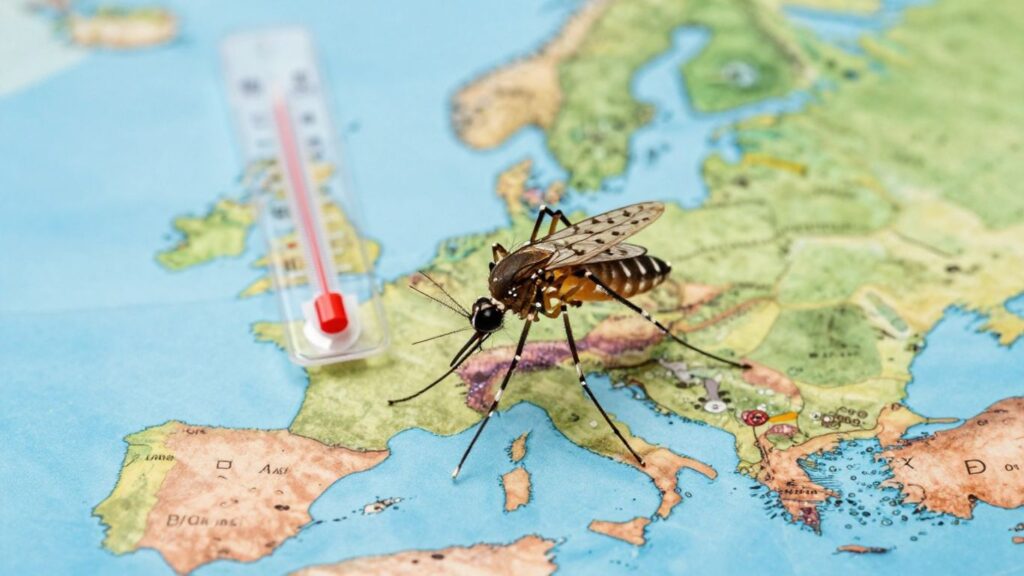 Moustique menaçant l'Europe sur fond de thermomètre.