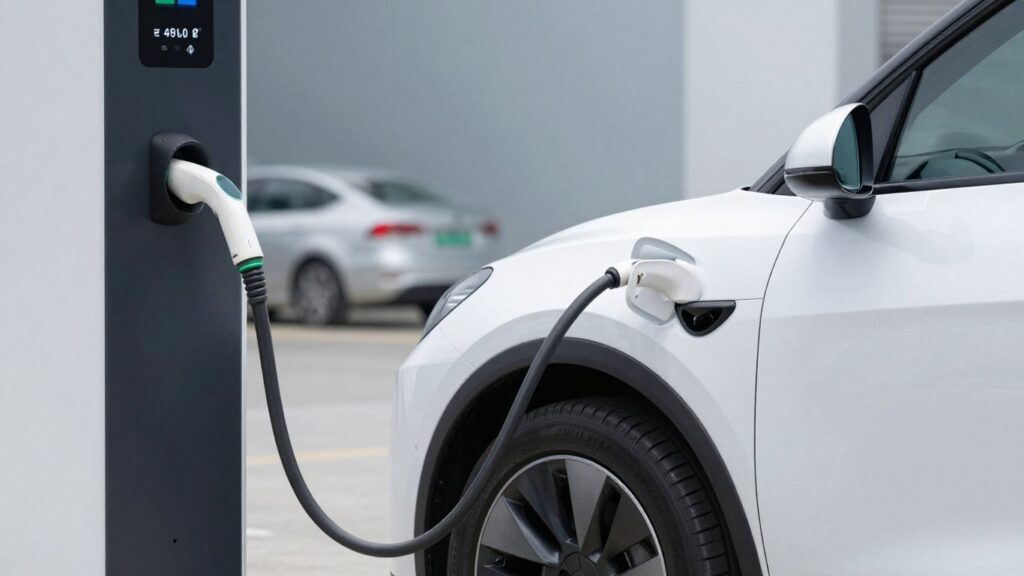 Voiture électrique en charge, symbole de transition énergétique.