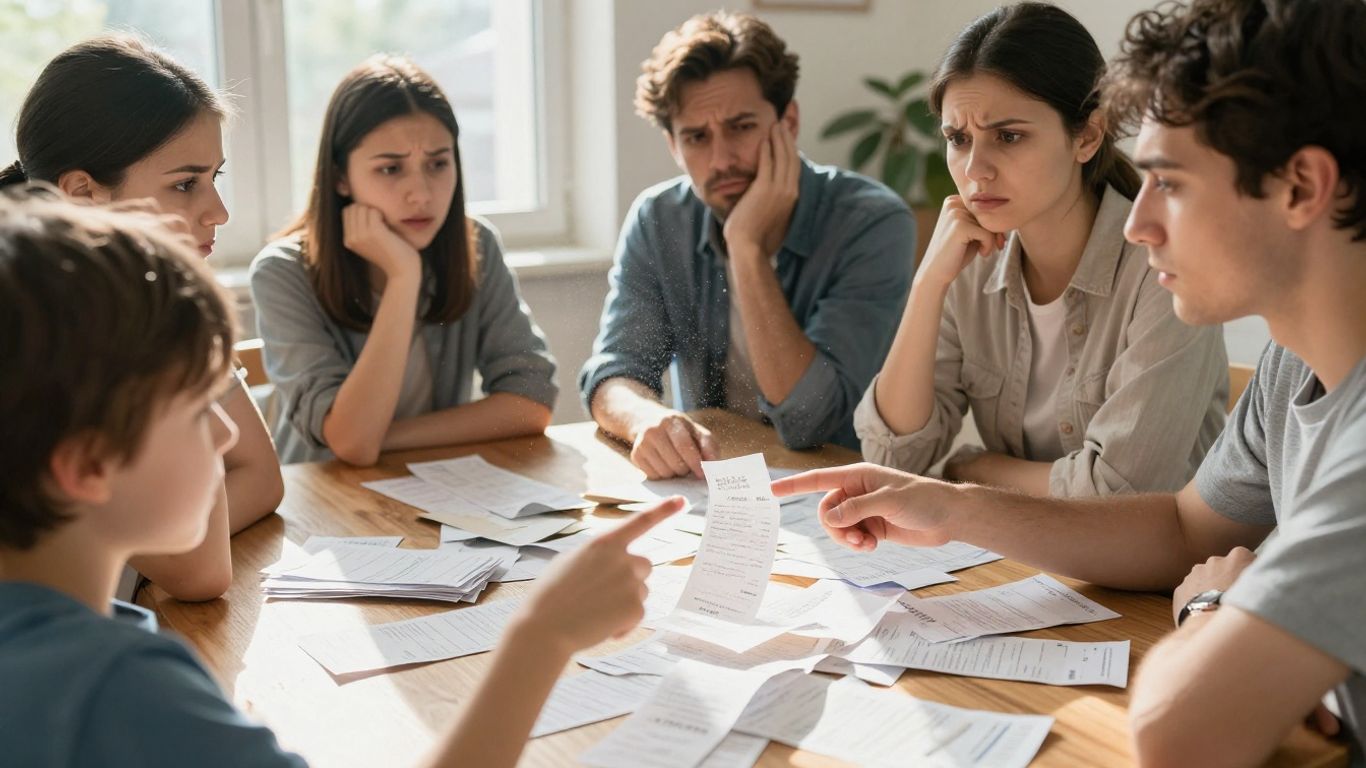 Famille inquiète face aux factures et reçus au printemps.