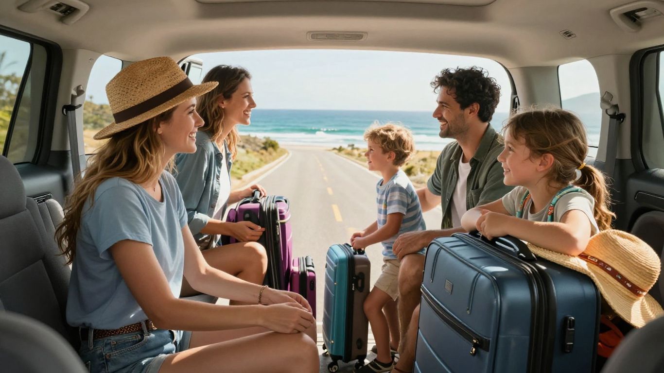 Famille préparant une voiture pour des vacances de printemps.