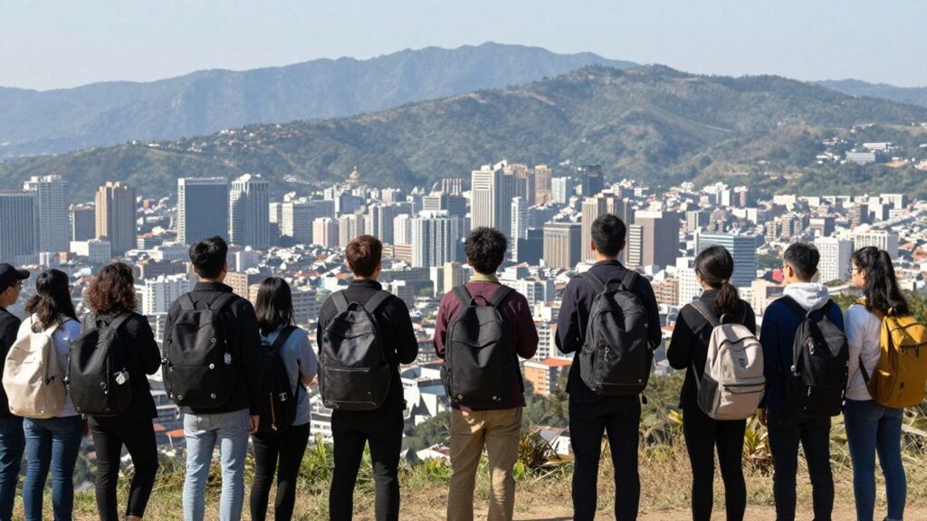 Personnes regardant un paysage urbain depuis une colline.
