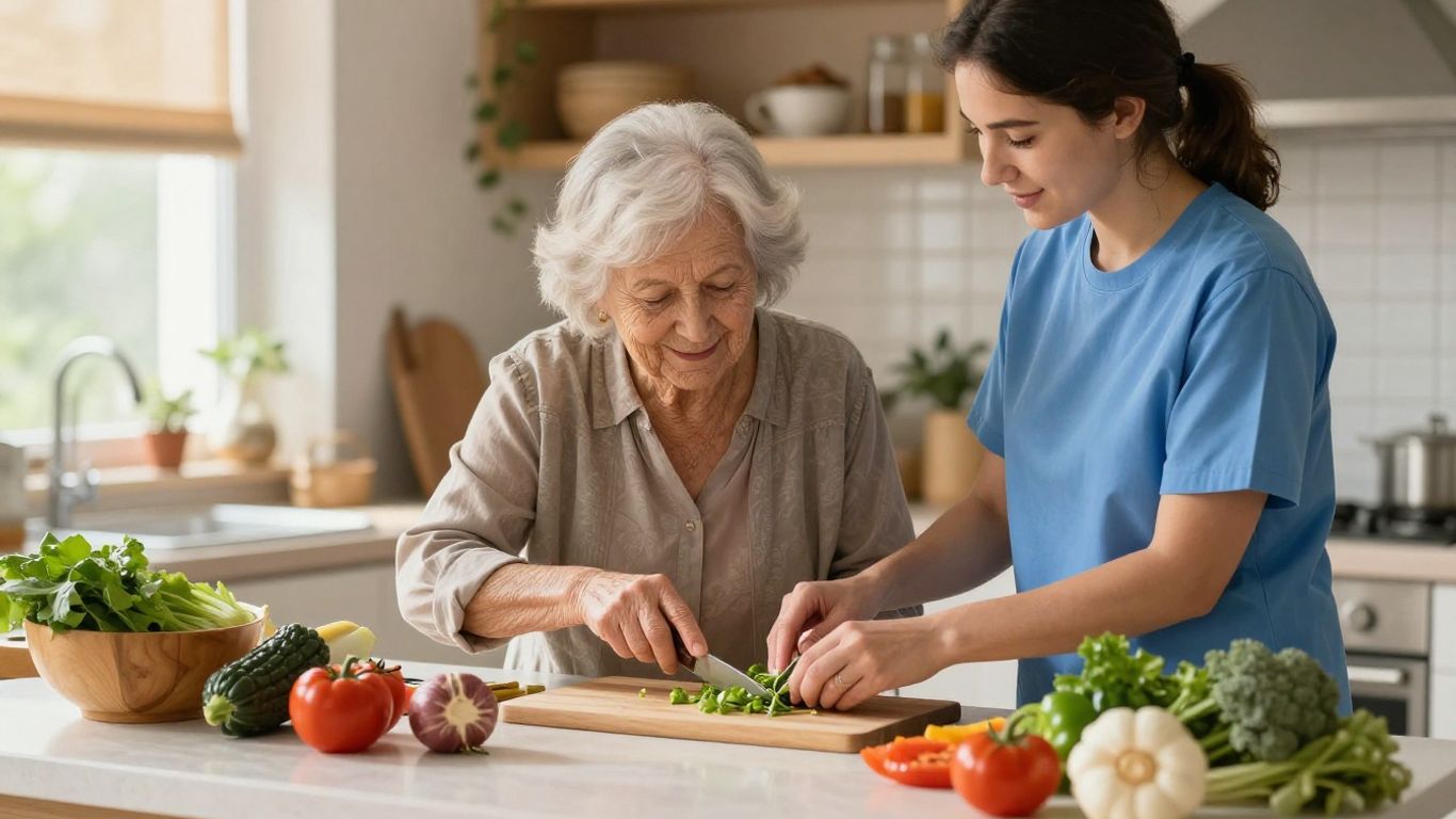 Aide à domicile pour seniors préparant un repas.