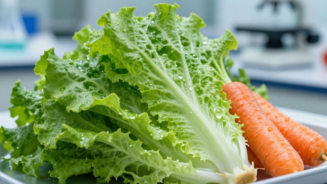 Légumes bio et matériel de laboratoire.