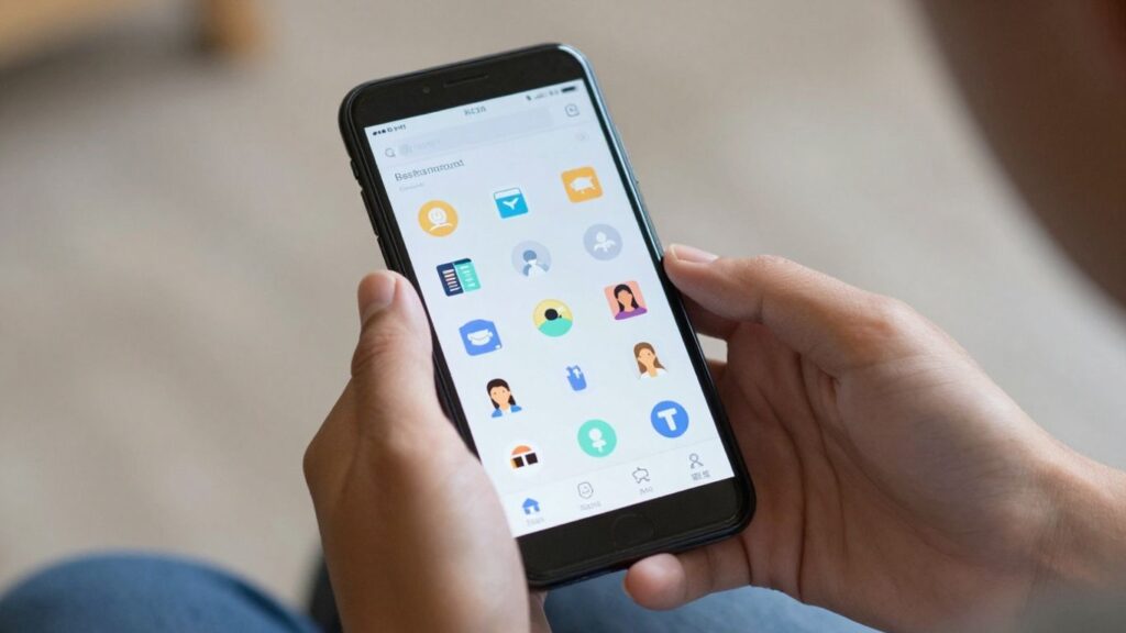 Main d'un jeune tenant un smartphone avec des icônes de réseaux sociaux.