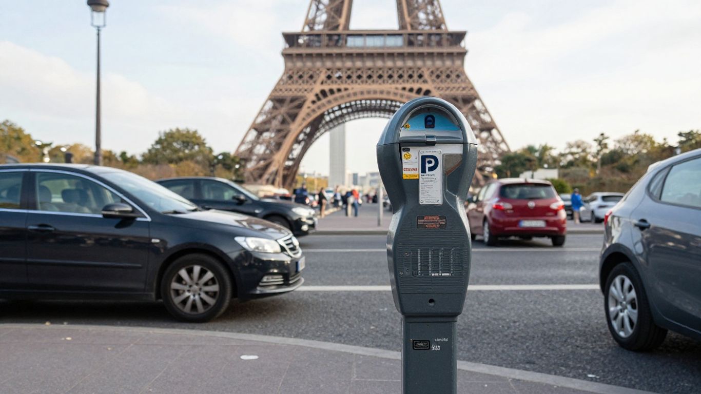 Voitures garées dans une rue parisienne avec la Tour Eiffel