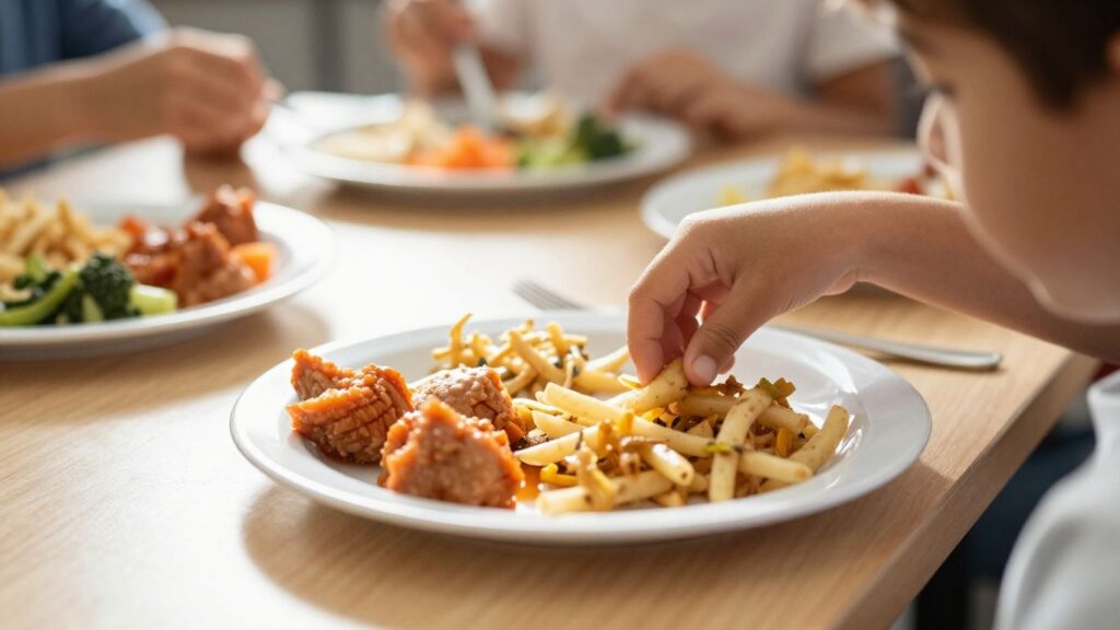 Enfants mangeant à la cantine scolaire