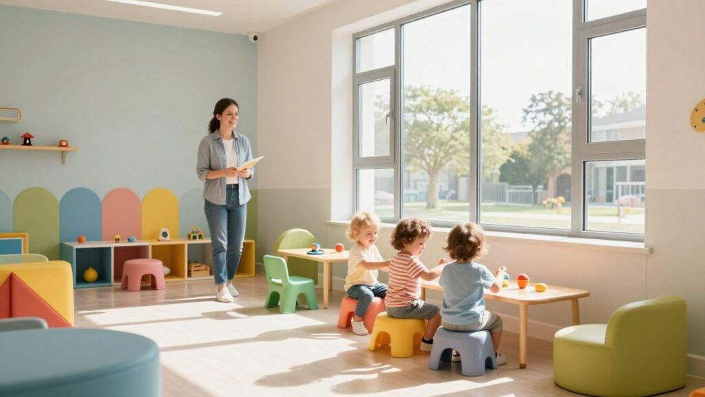 Une micro-crèche moderne avec des enfants et des jouets colorés.