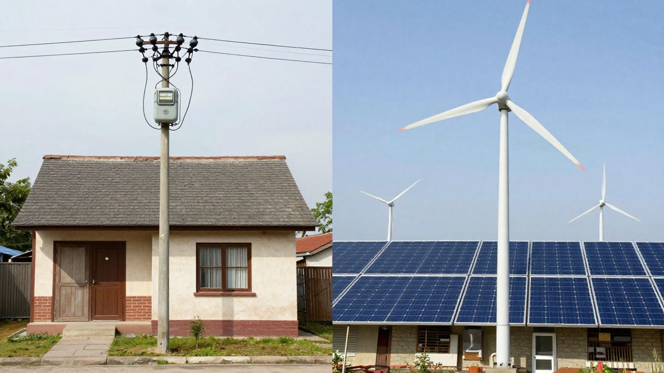 Maison avec compteur traditionnel et maison avec panneaux solaires et éoliennes.