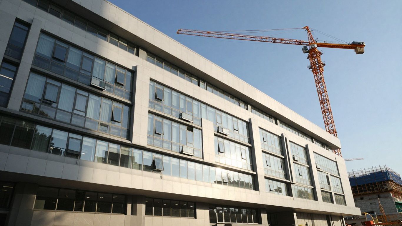 Hôpital en rénovation avec grue de construction.