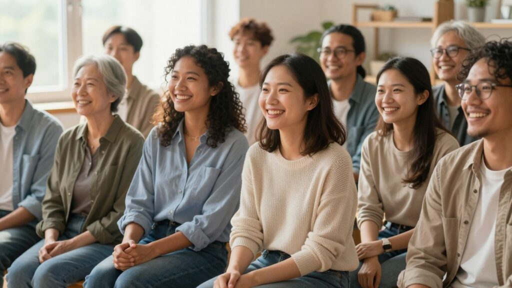 Personnes souriantes et diverses sous la lumière du soleil.