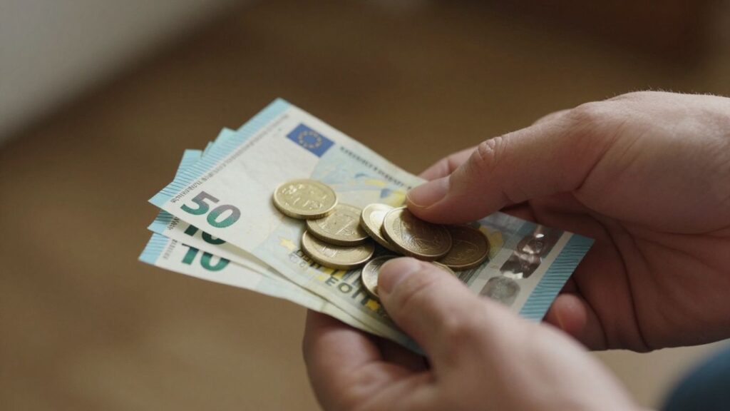 Main d'un retraité tenant des billets et des pièces en euros.