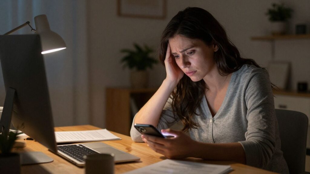 Femme enceinte au travail à domicile recevant un SMS.