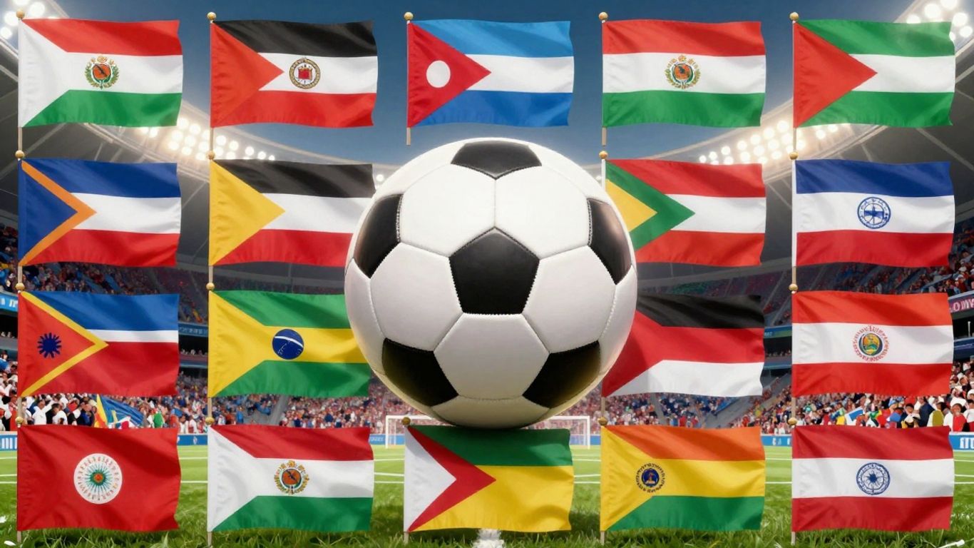 Drapeaux des nations et ballons de football pour la Coupe du monde 2026.