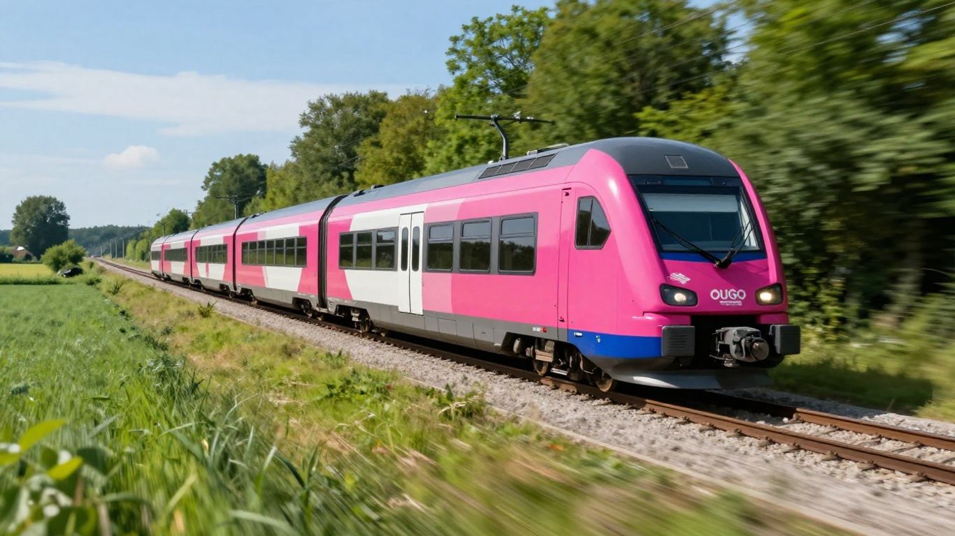 Train Ouigo en mouvement, paysage français et belge.