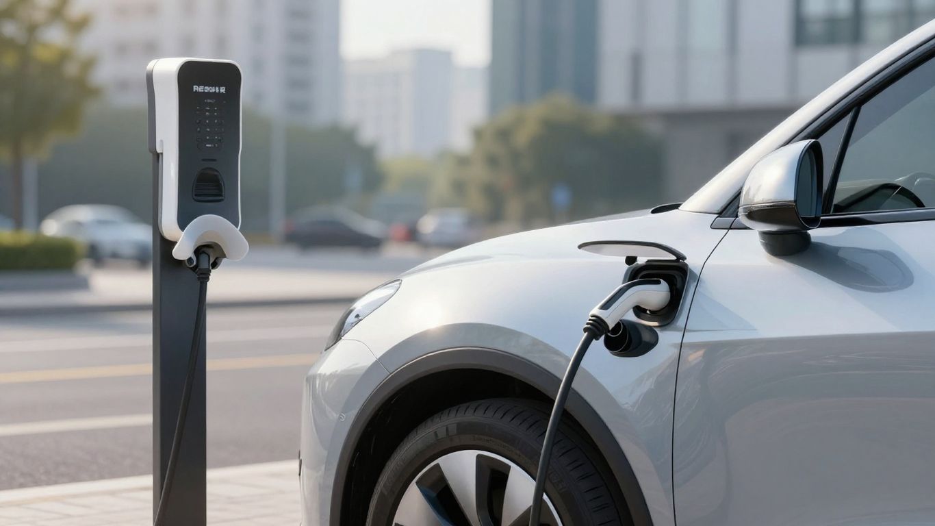 Voiture électrique branchée à une borne de recharge.