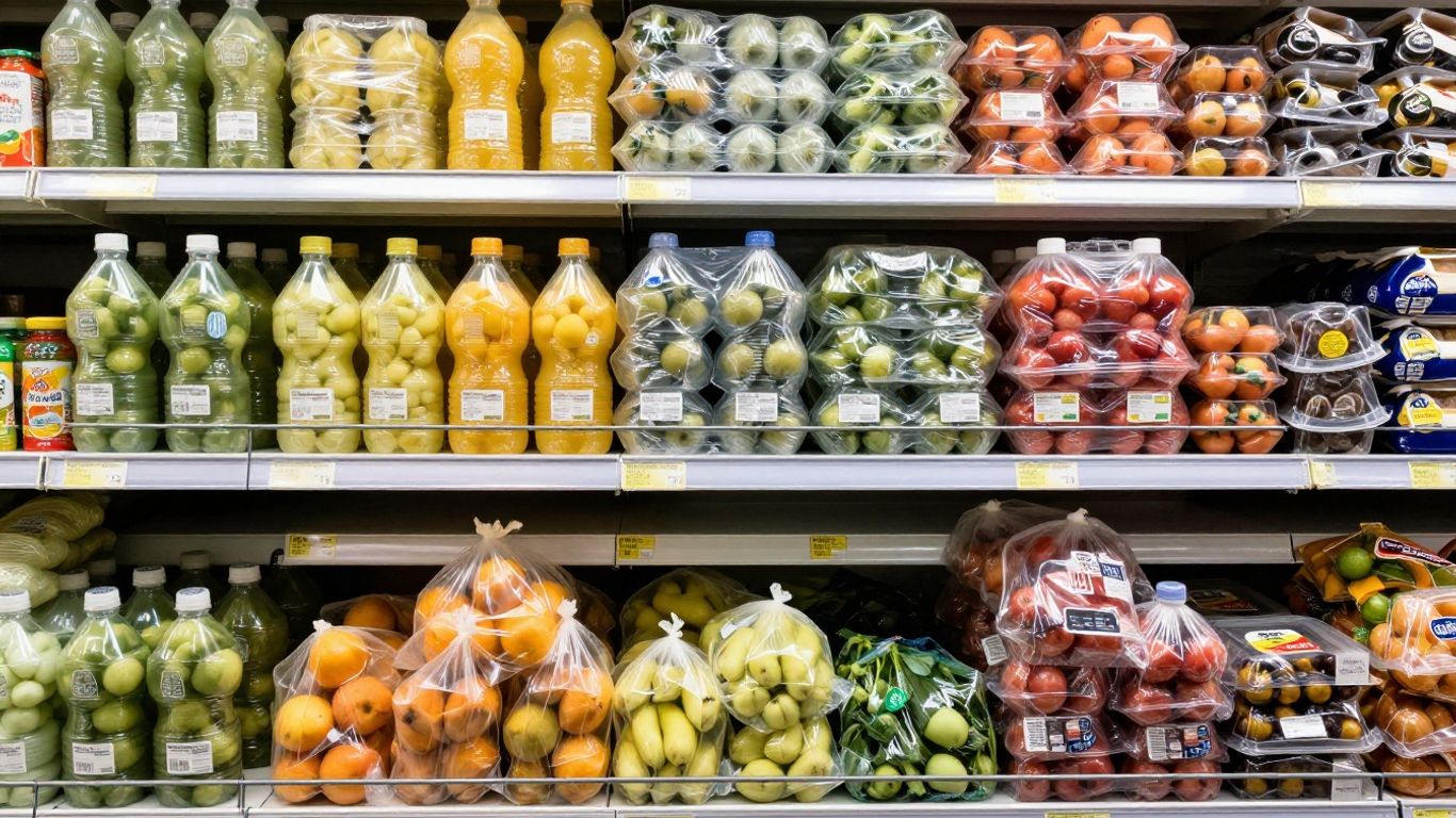 Bouteilles et légumes emballés dans du plastique en supermarché.