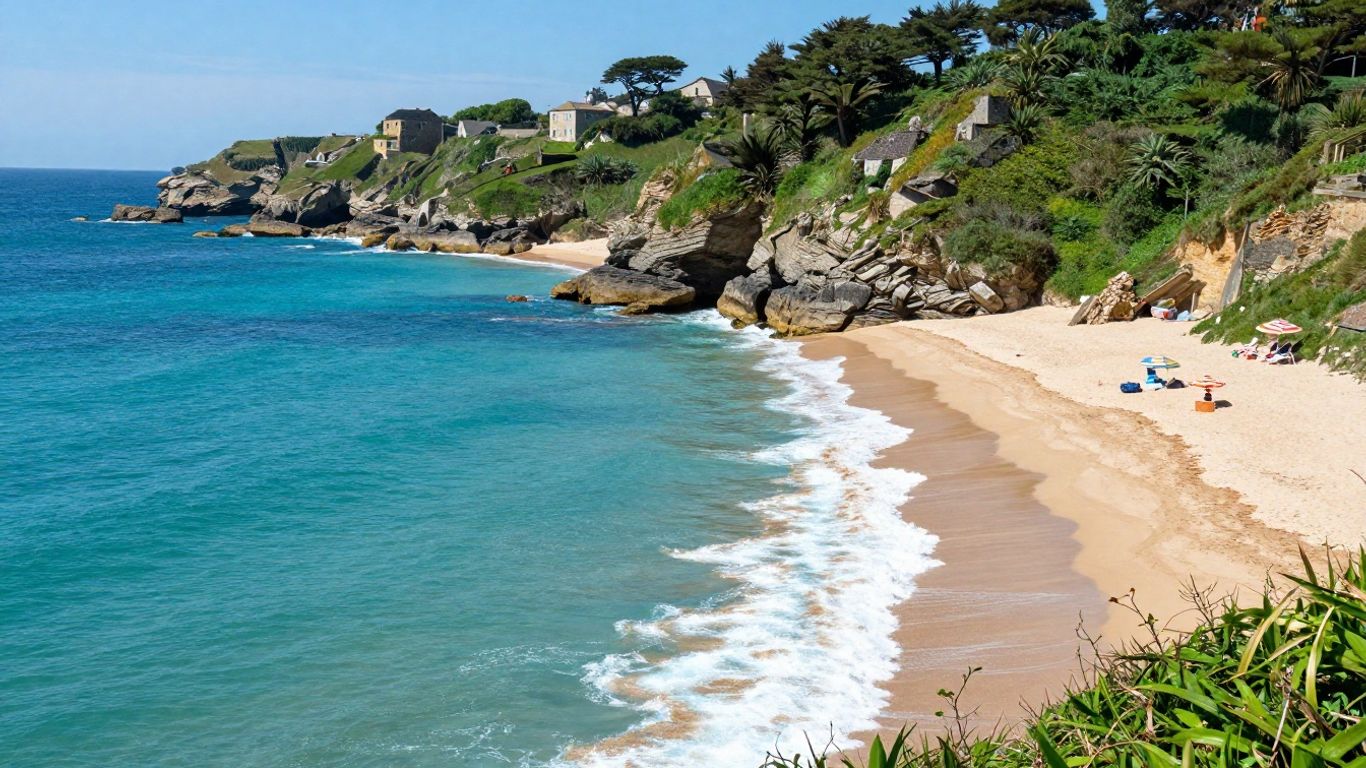Plage bretonne avec eau claire et sable doré.