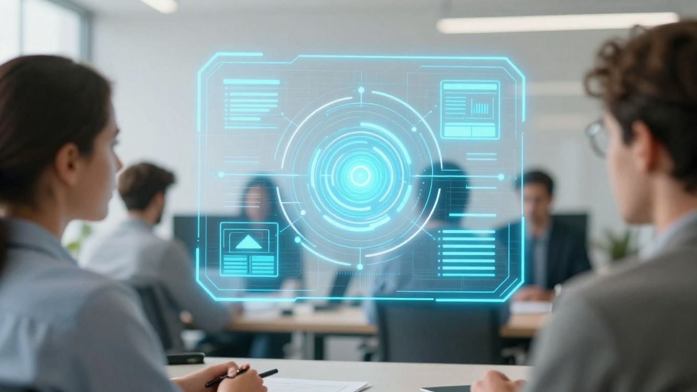 Personnes réfléchissant devant une interface numérique complexe.
