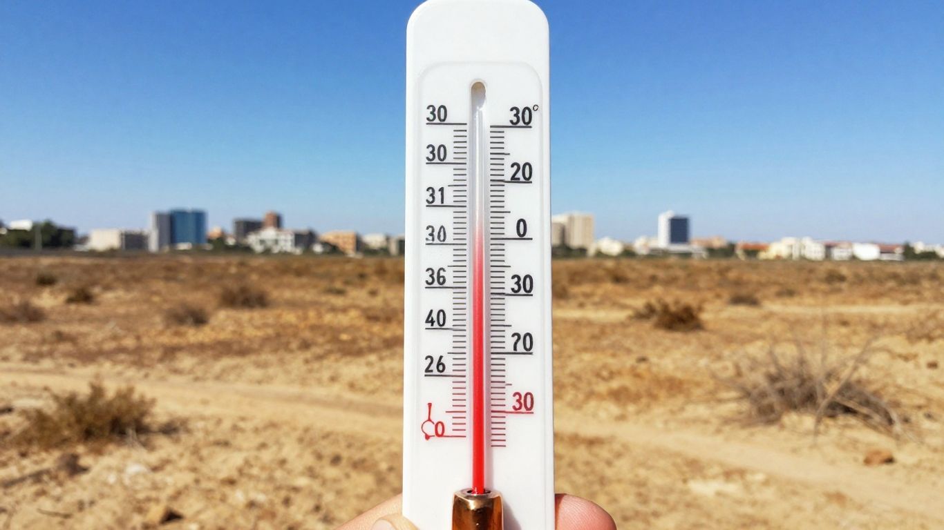 Chaleur intense, thermomètre affichant 39°C, soleil éclatant.