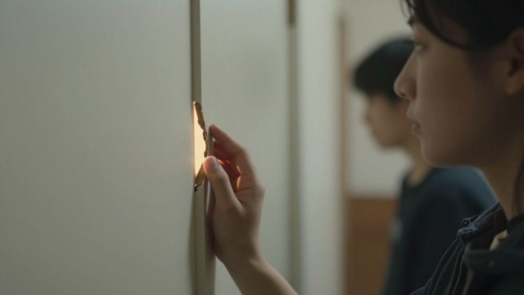 Porte fermée avec une lumière faible et un chemin incertain.
