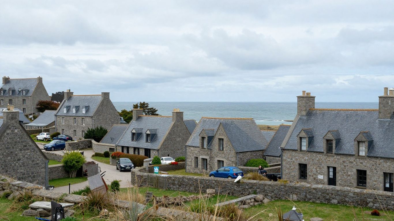 Maisons bretonnes vides, mer en arrière-plan.