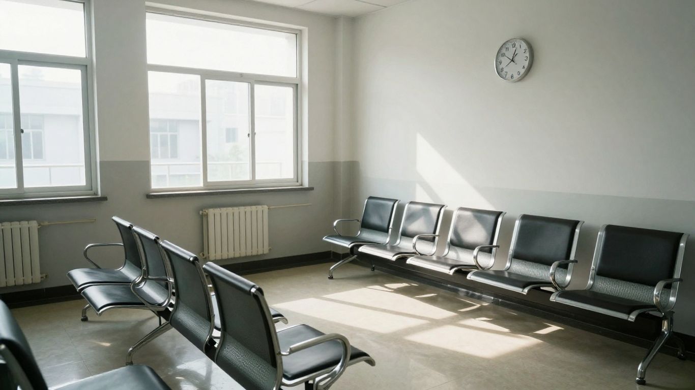 Salle d'attente médicale vide avec une horloge indiquant une heure tardive.