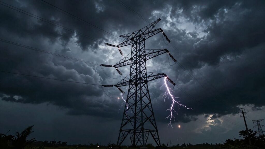 Lignes électriques sous un ciel orageux, symbolisant un risque d'arrêt.