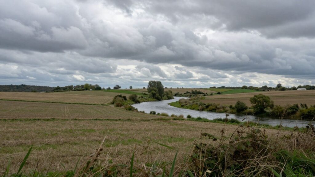 Paysage rural de la Charente avec champs et rivière.