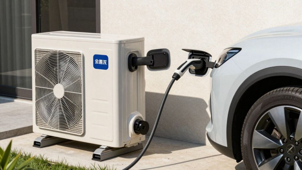 Voiture électrique et pompe à chaleur devant une maison.