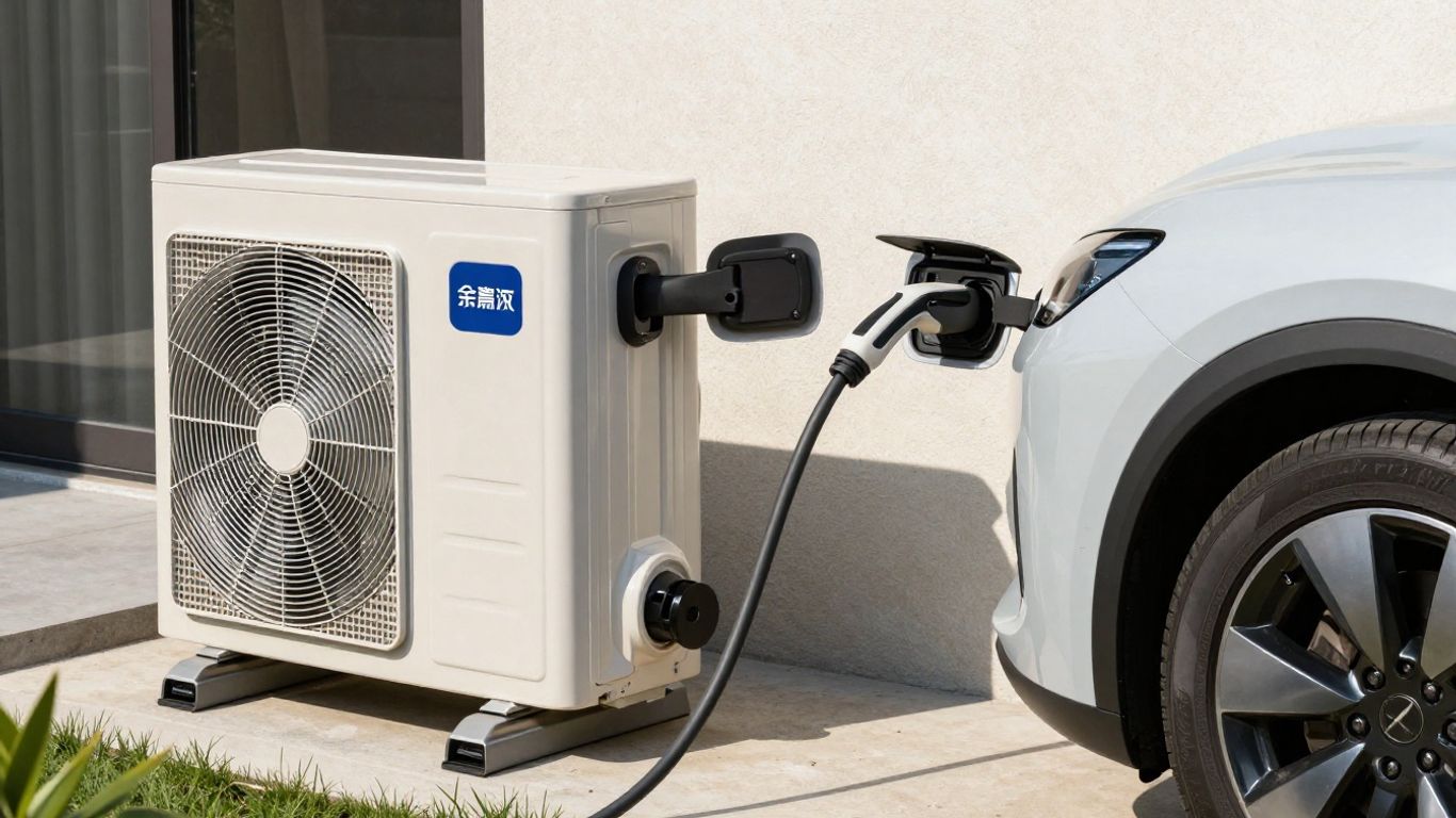 Voiture électrique et pompe à chaleur devant une maison.