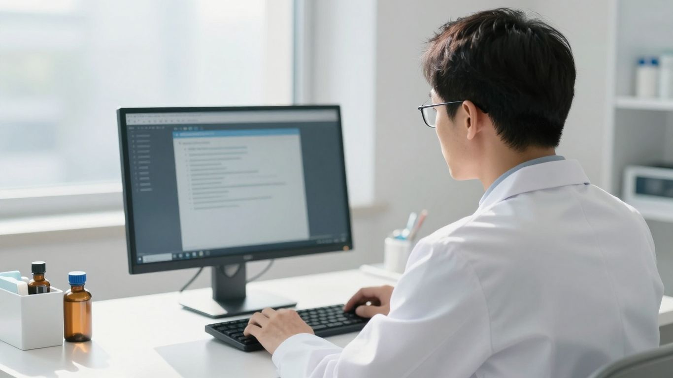Médecin travaillant dans un bureau moderne, lumière du soleil entrant par la fenêtre.