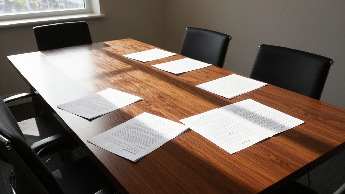 Salle de réunion avec des documents sur une table.