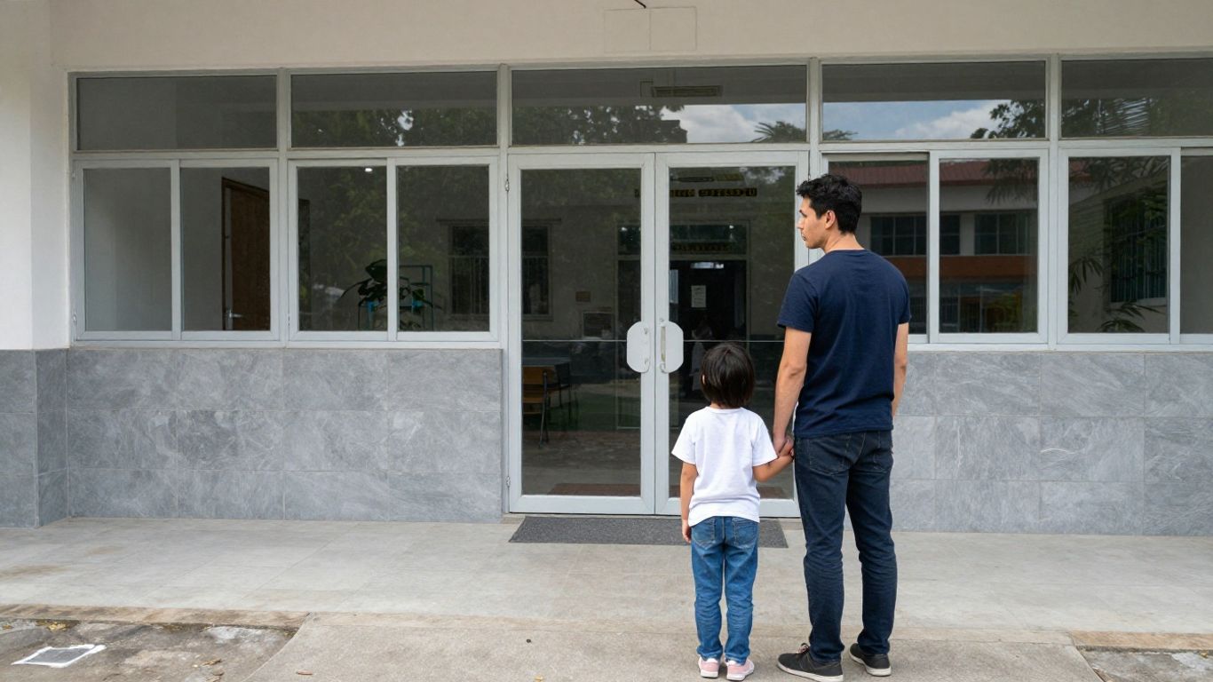 Parents inquiets devant une école, tenant la main d'un enfant.