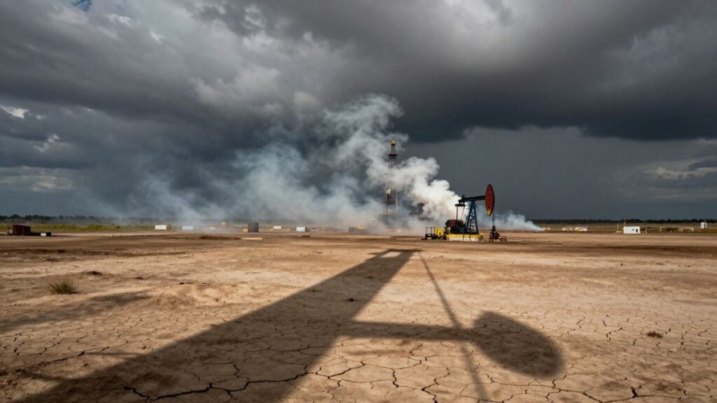 Champs pétrolifères sous un ciel orageux, fumée industrielle.