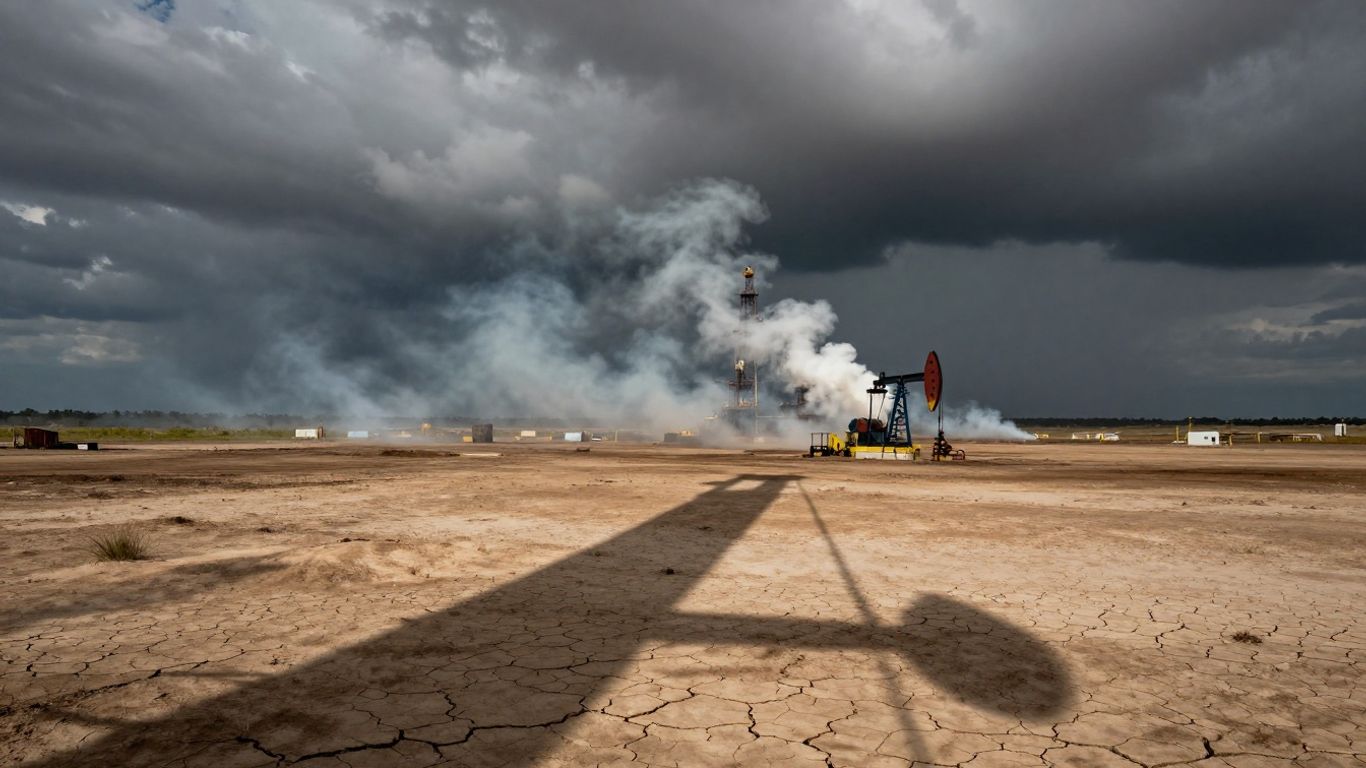 Champs pétrolifères sous un ciel orageux, fumée industrielle.