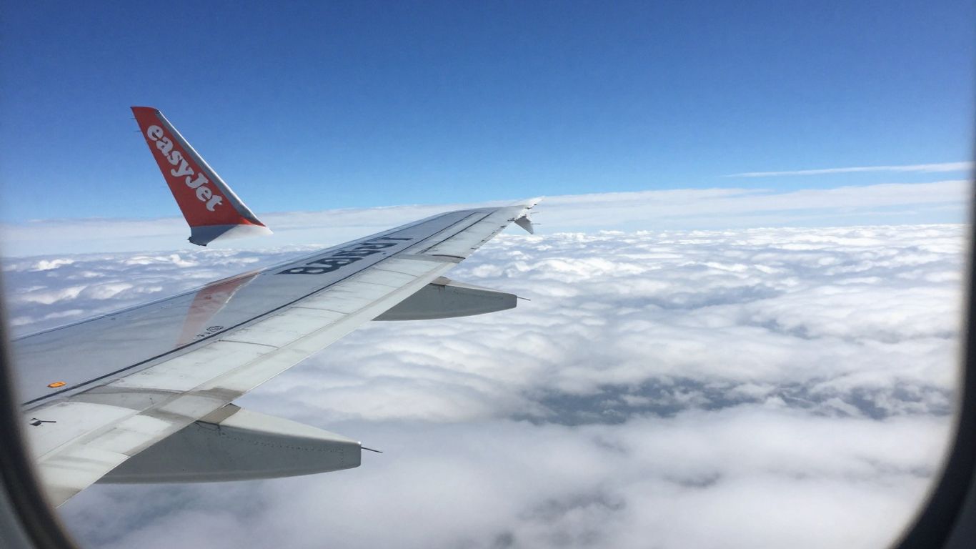 Avion EasyJet dans le ciel bleu avec des nuages blancs.