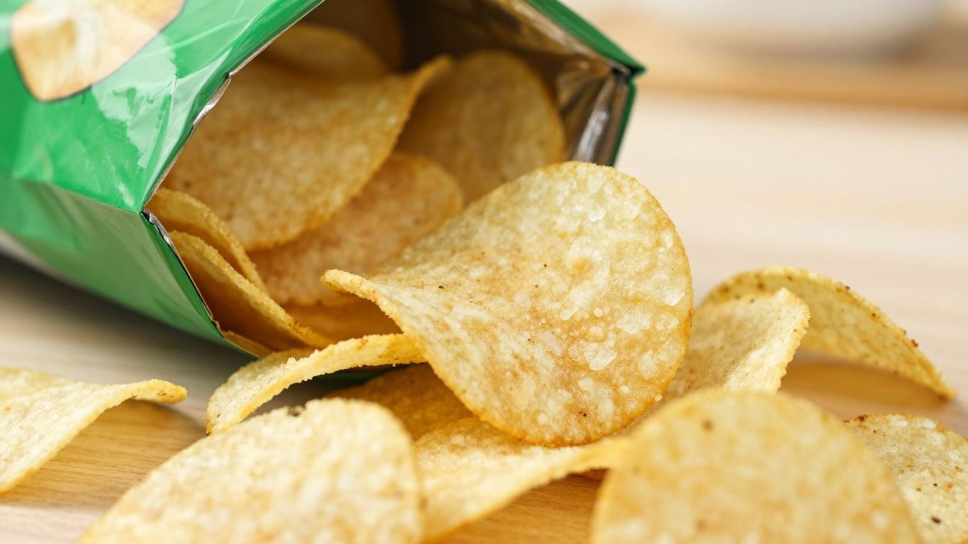 Sachet de chips ouvert avec des chips qui tombent.