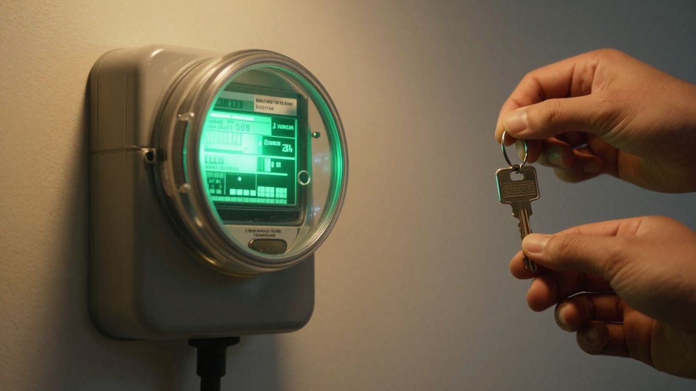 Compteur électrique avec une main tenant une clé.